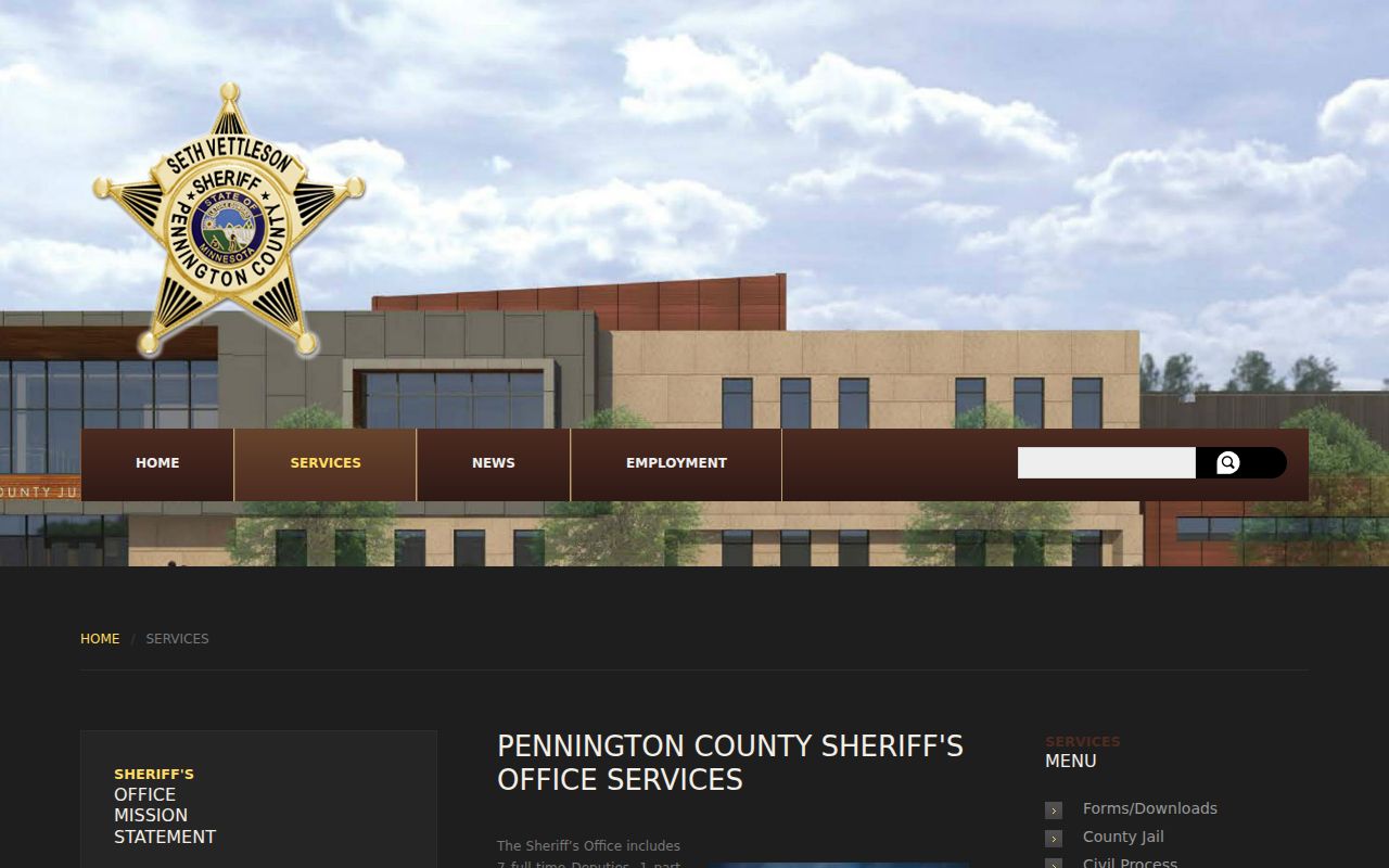 Pennington County Sheriff services page describing warrant service and civil process duties