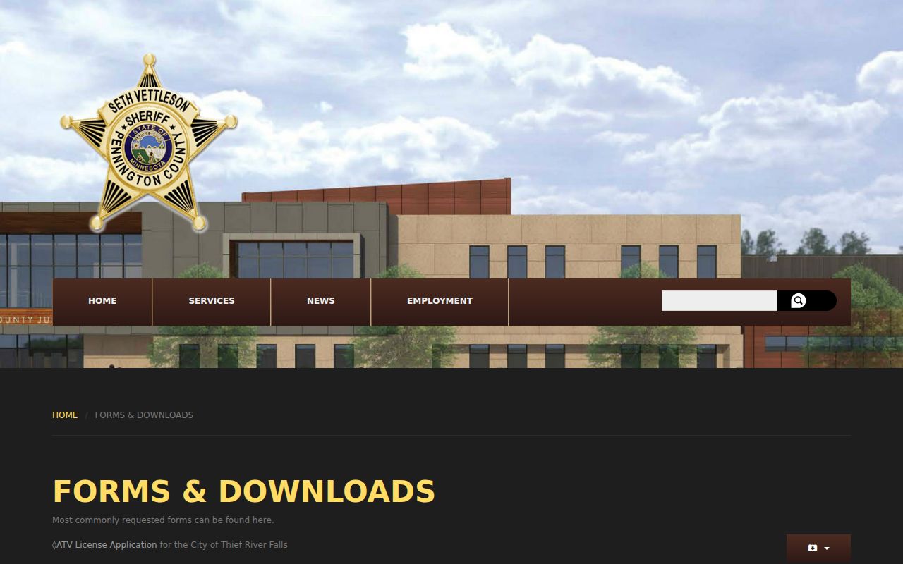 Pennington County Sheriff forms page listing permit and program forms with no warrant form