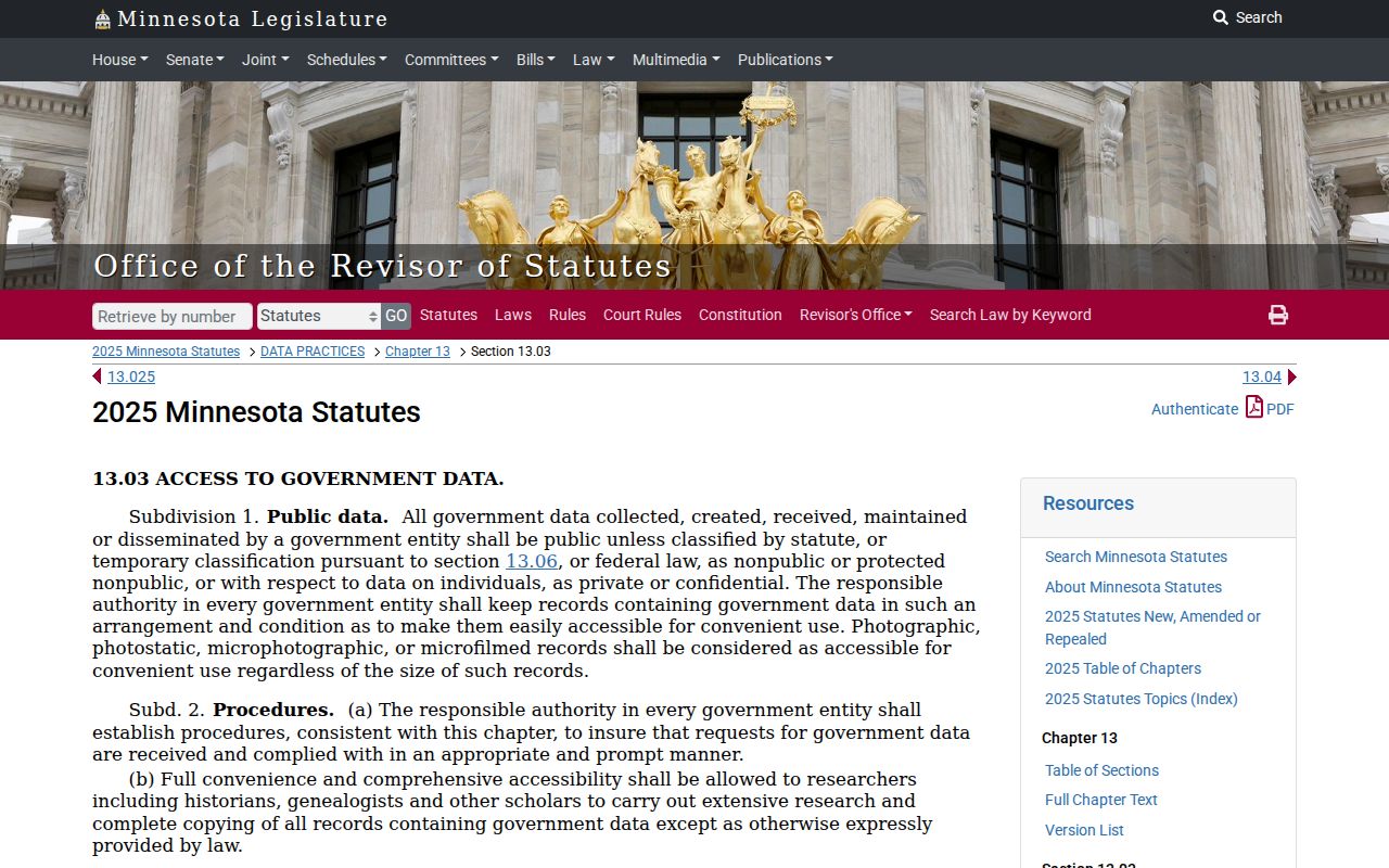 Minnesota Statute 13.03 page describing public data, inspection, and copying rules