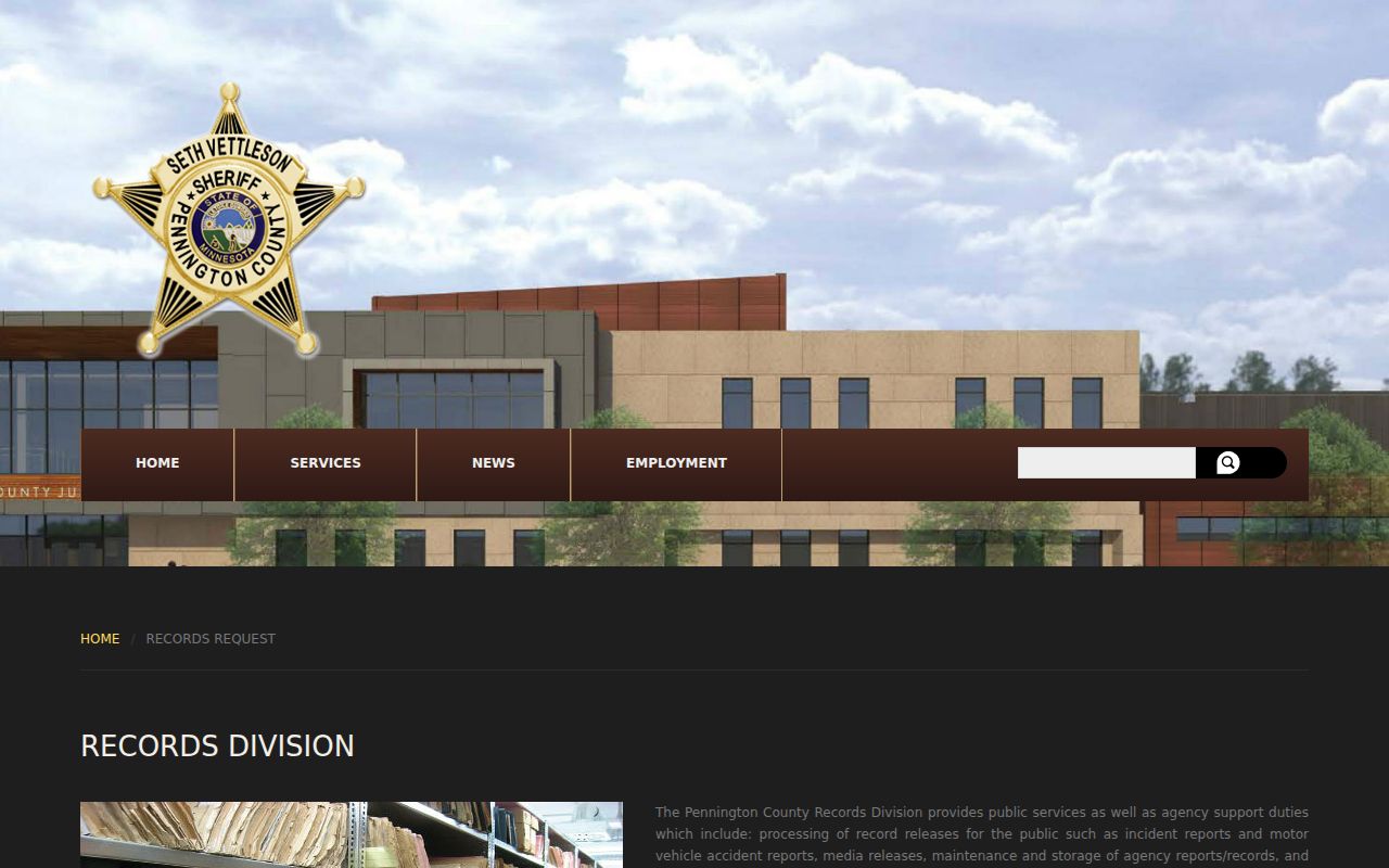 Pennington County Sheriff records page showing Records Division hours and the identification note