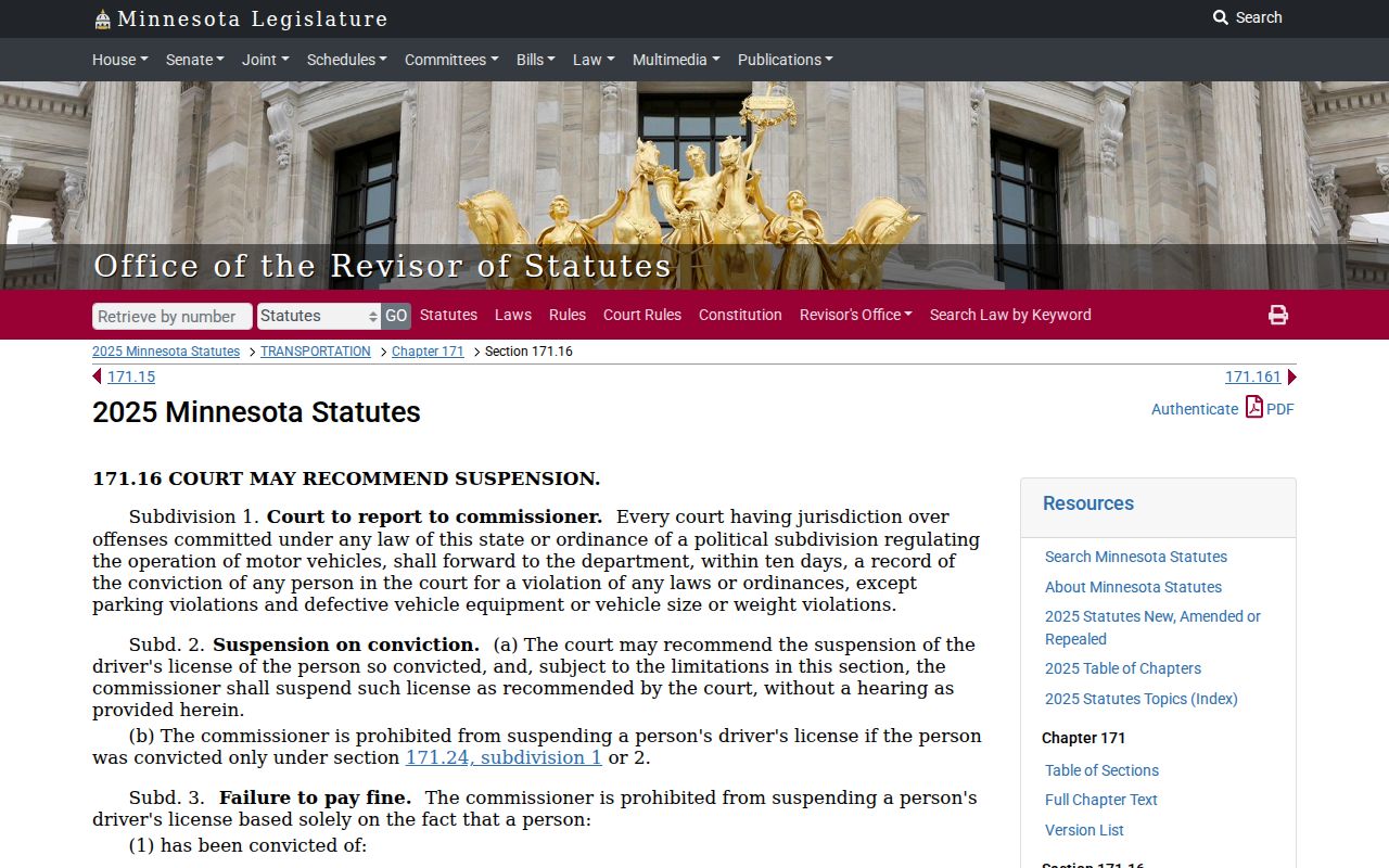 Minnesota Statute 171.16 page describing a court report and driver's license action after a citation