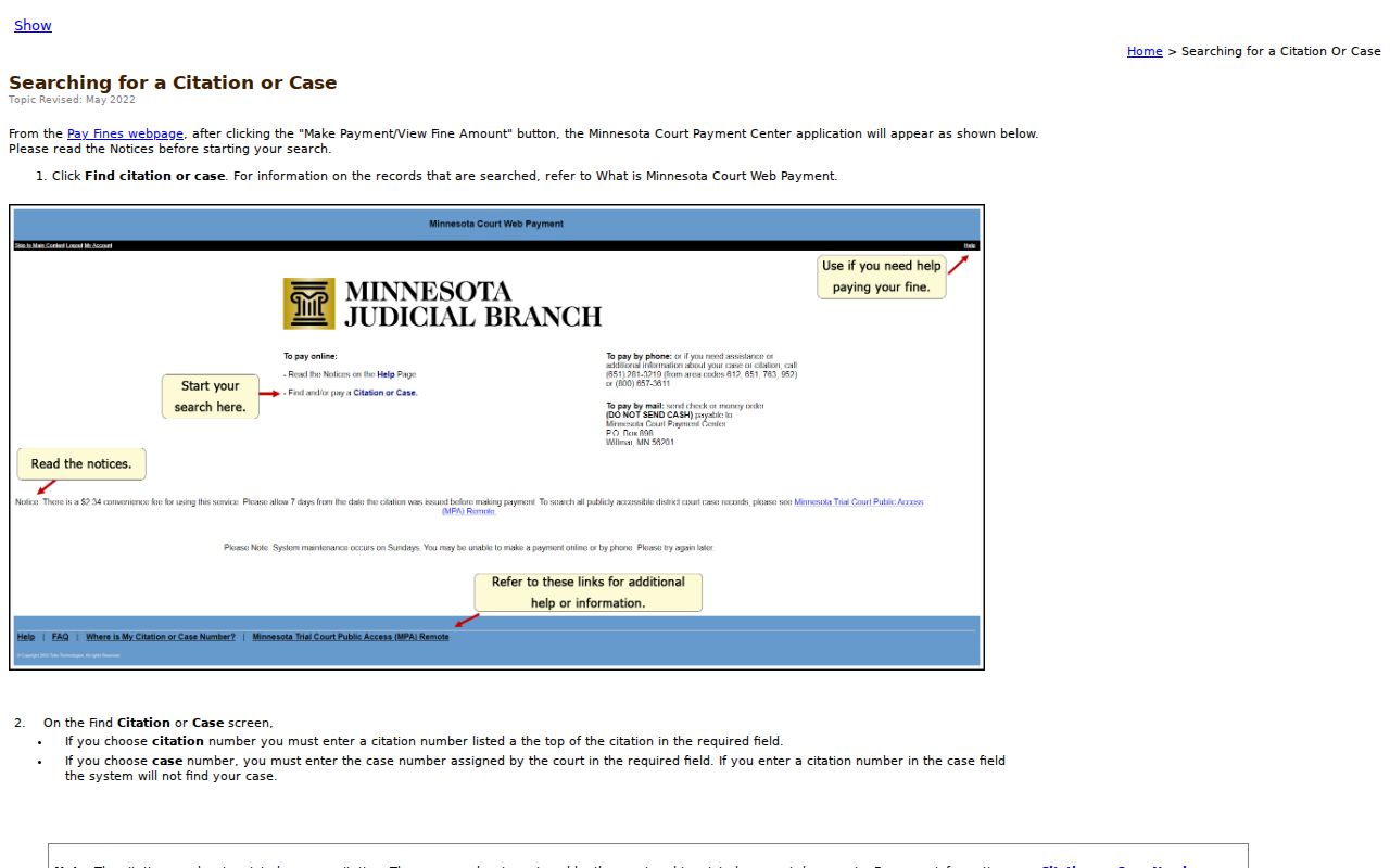 Minnesota Court Web Payment help page describing how to search for a citation or case number