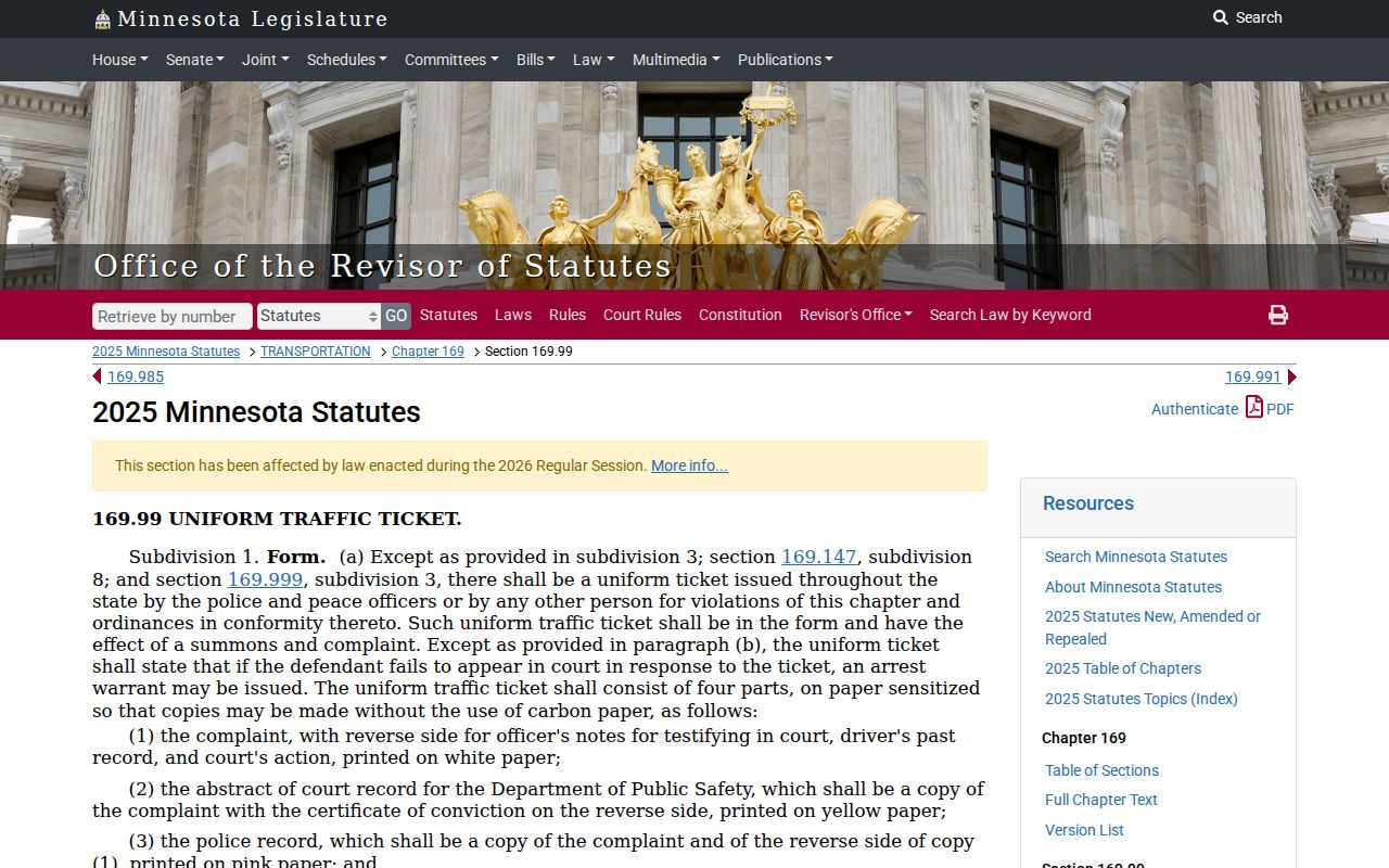 Minnesota Statute 169.99 page describing the uniform traffic ticket as a summons and complaint