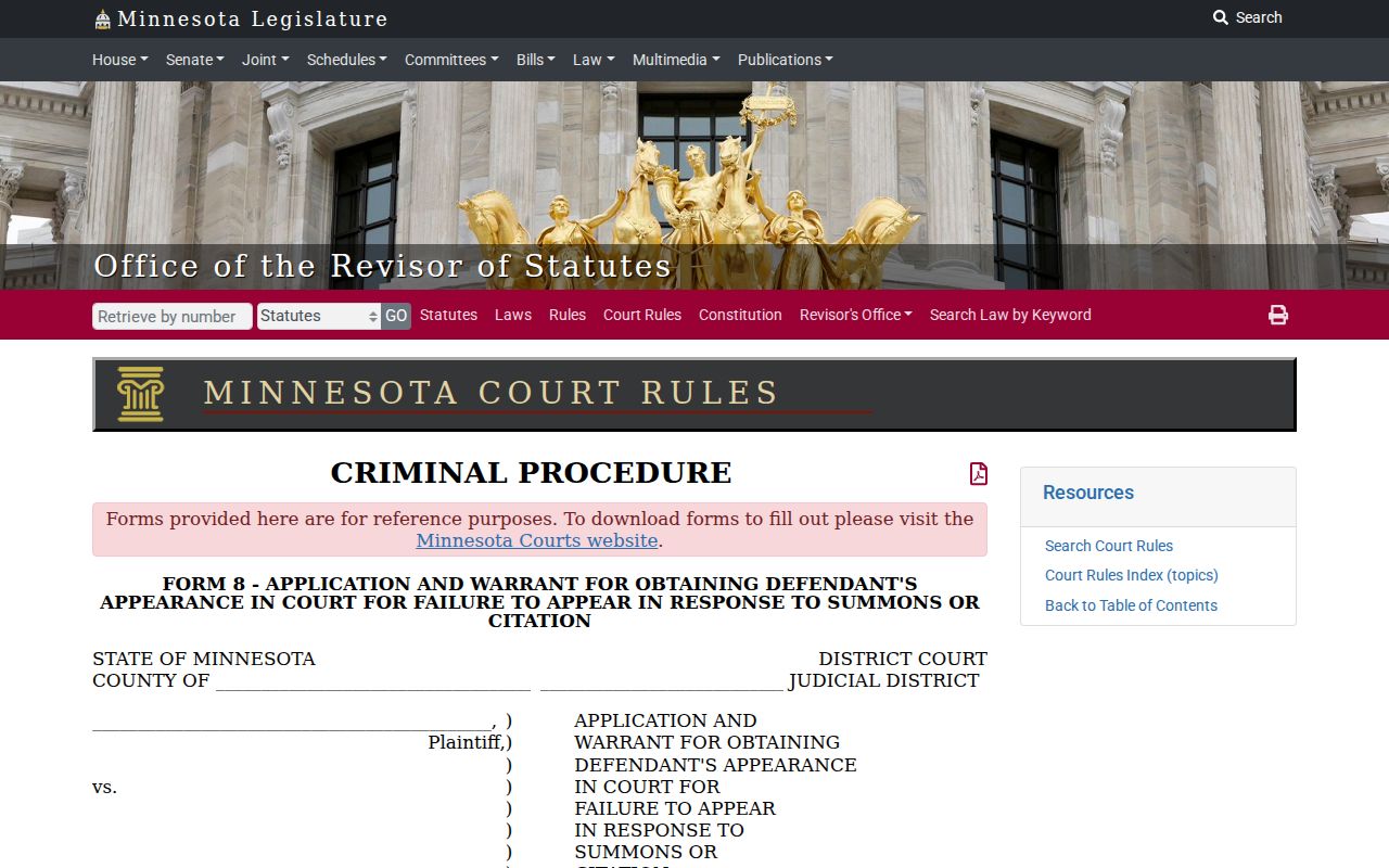 Minnesota Rule 3 Form 8 blank application and warrant for failure to appear