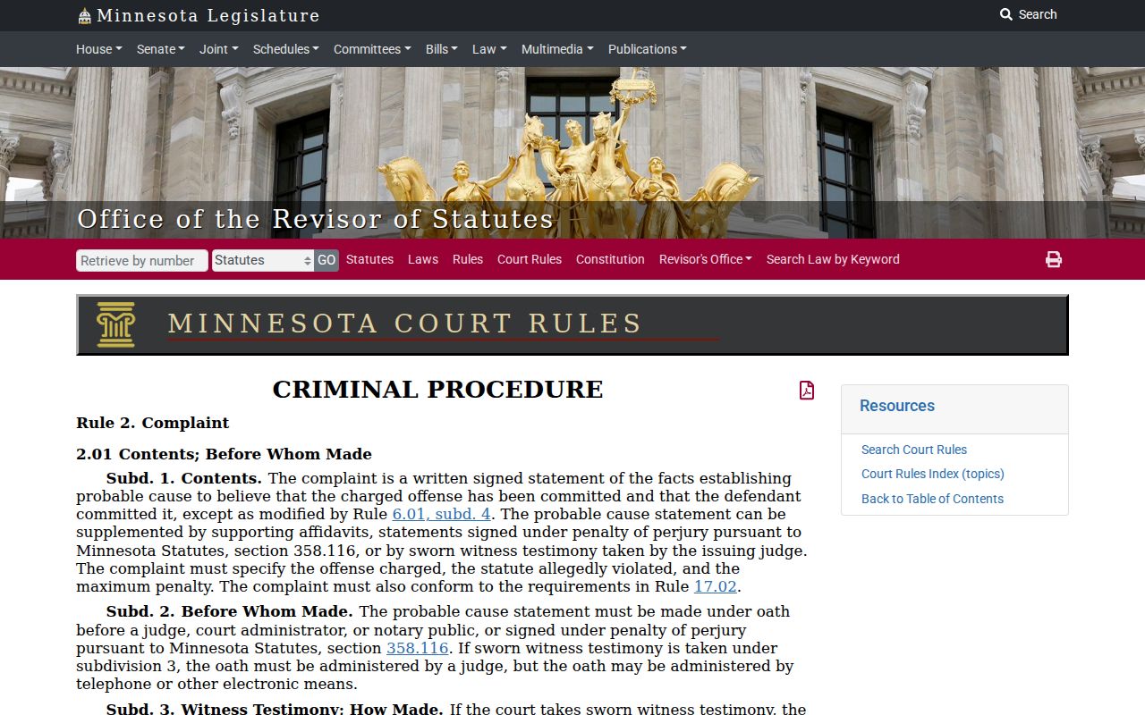 Minnesota Rule 2 page describing complaints and probable cause in criminal cases