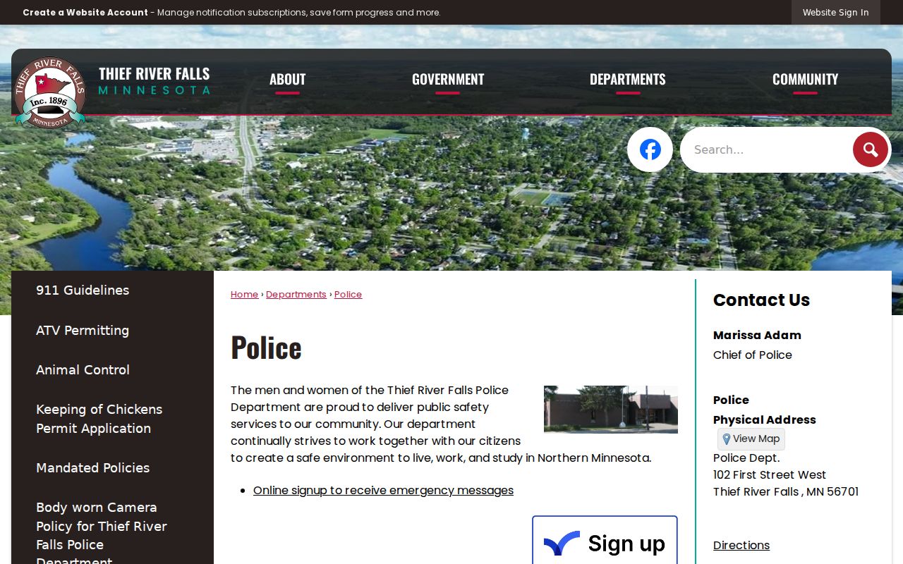 Thief River Falls Police Department page showing contact information and emergency instructions