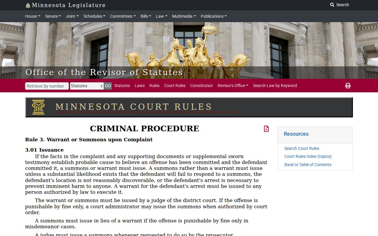 Minnesota criminal rule page describing when a summons or warrant issues in a Pennington County case