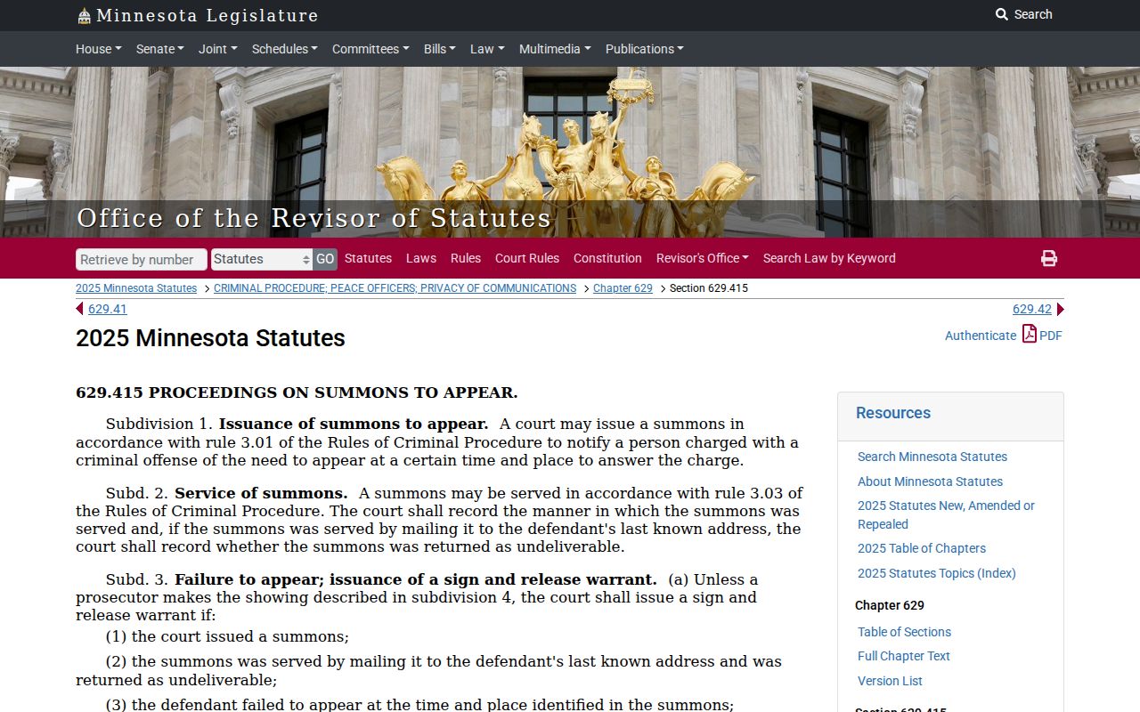 Minnesota Statute 629.415 page describing the sign-and-release warrant procedure