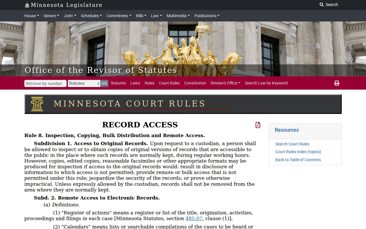 Minnesota Rule of Public Access 8 page describing inspection and remote access limits for court records