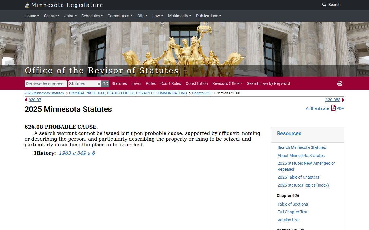 Minnesota Statute 626.08 page describing search warrant requirements and probable cause
