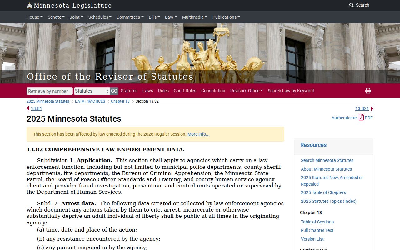 Minnesota Statute 13.82 page describing when law enforcement warrant-index data stays confidential