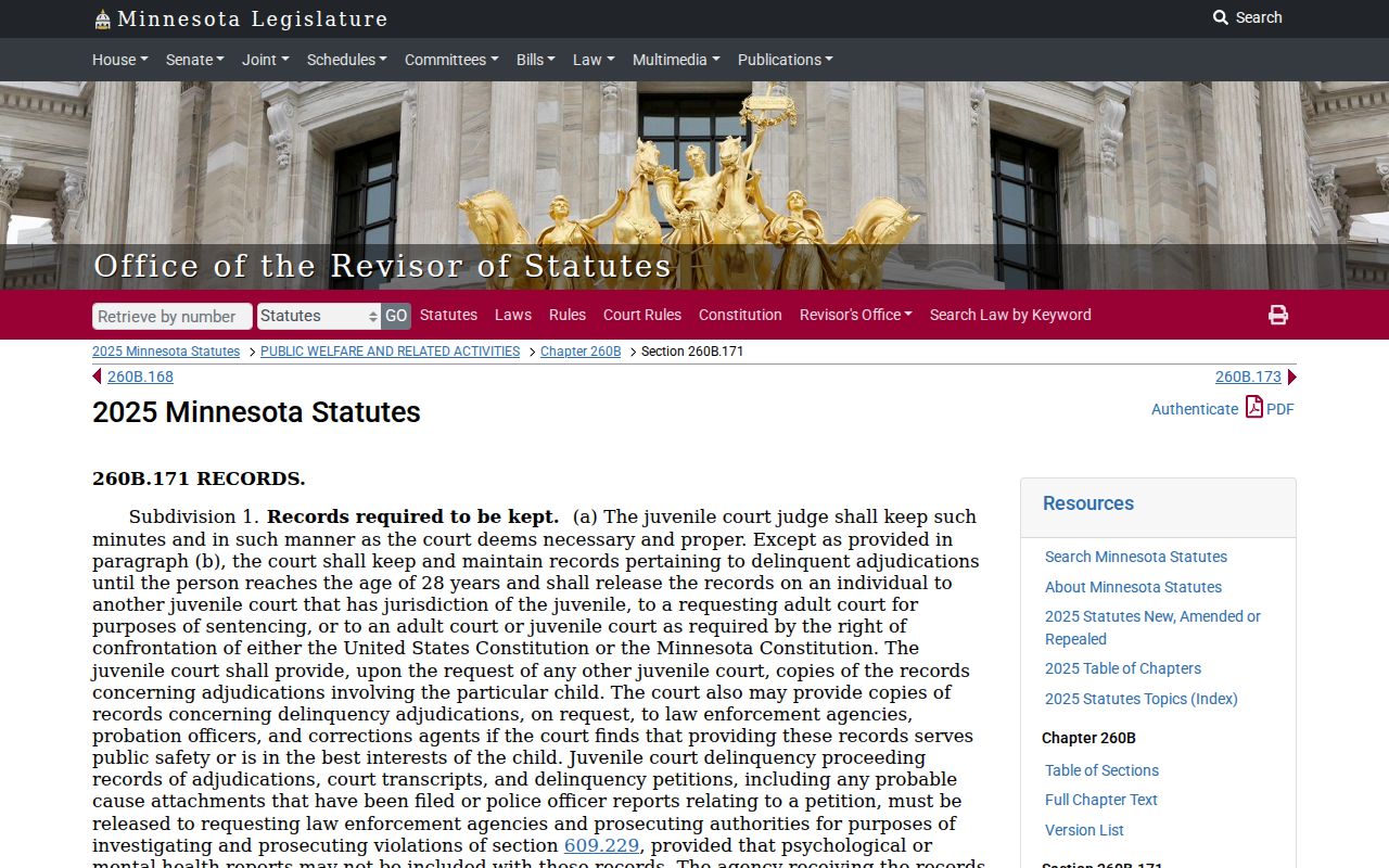 Minnesota Statute 260B.171 page describing limits on juvenile delinquency records