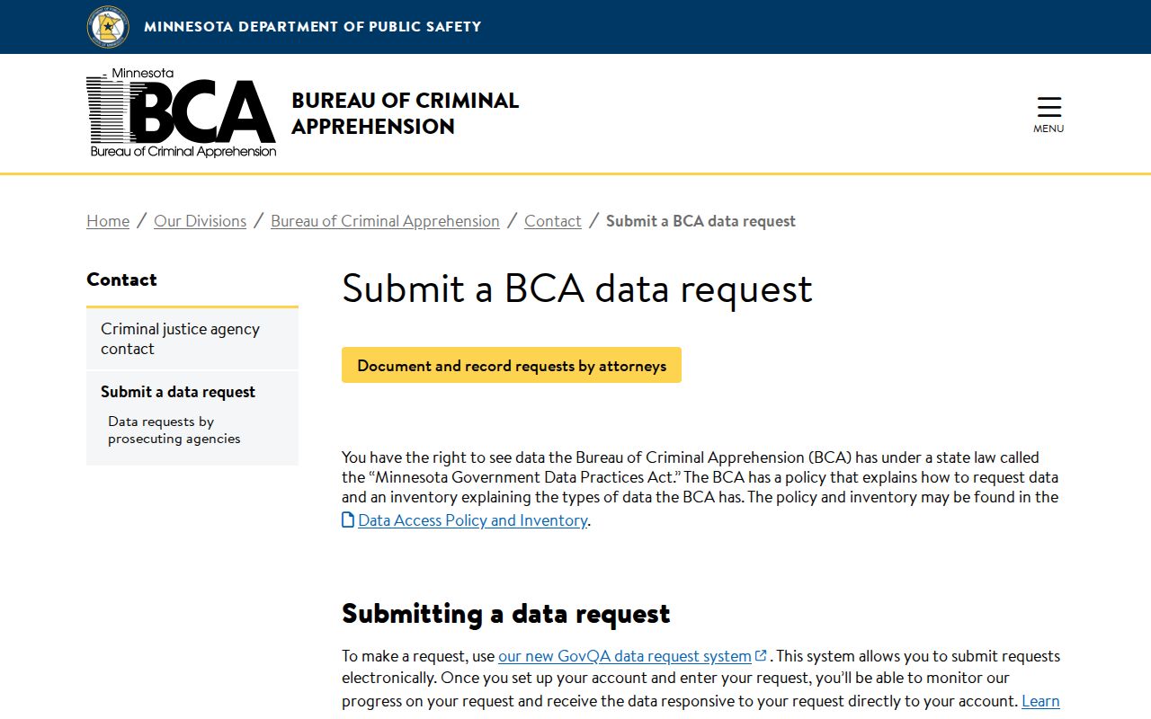 Minnesota BCA public data request page for Pennington County warrant record research