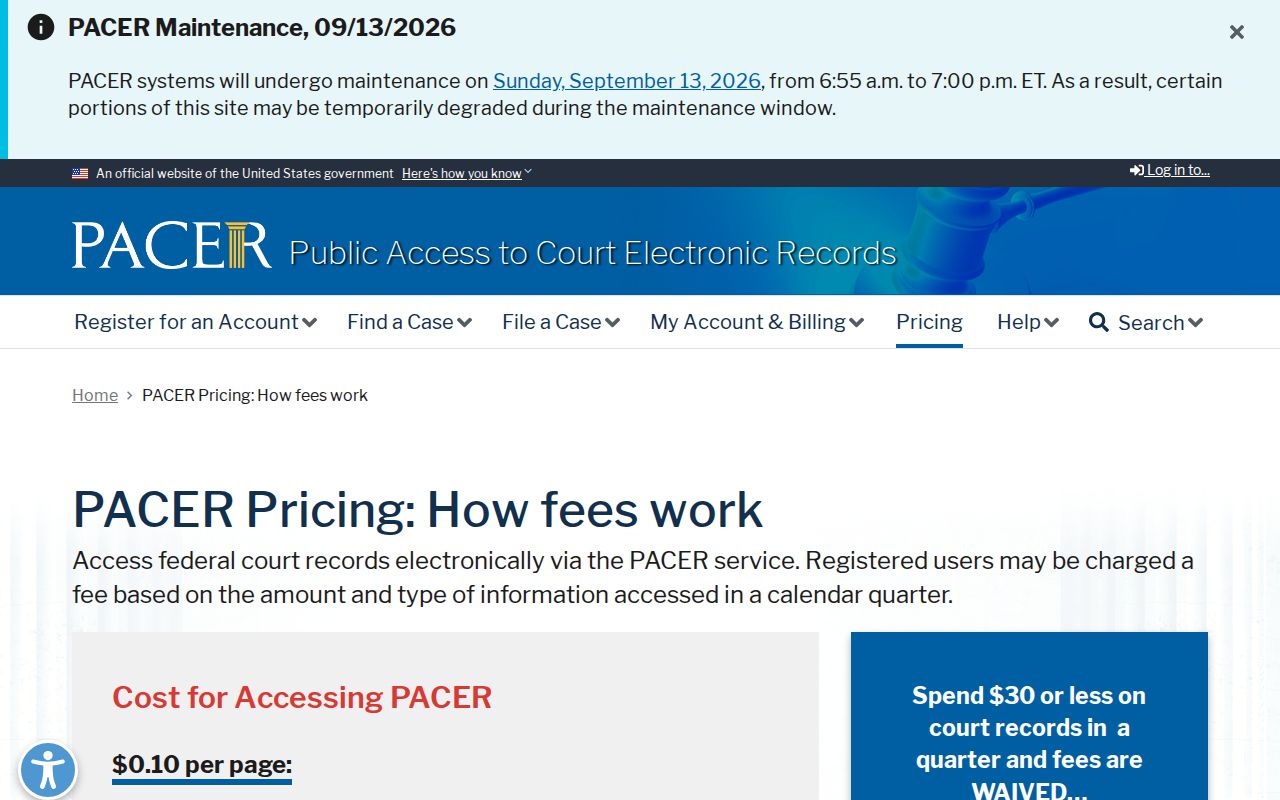 PACER pricing page for federal court docket research, not a Pennington County warrant list
