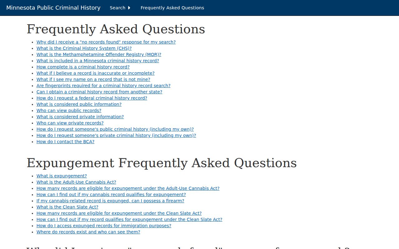 Minnesota criminal history search FAQ explaining what a no-records result in Pennington County does and does not mean