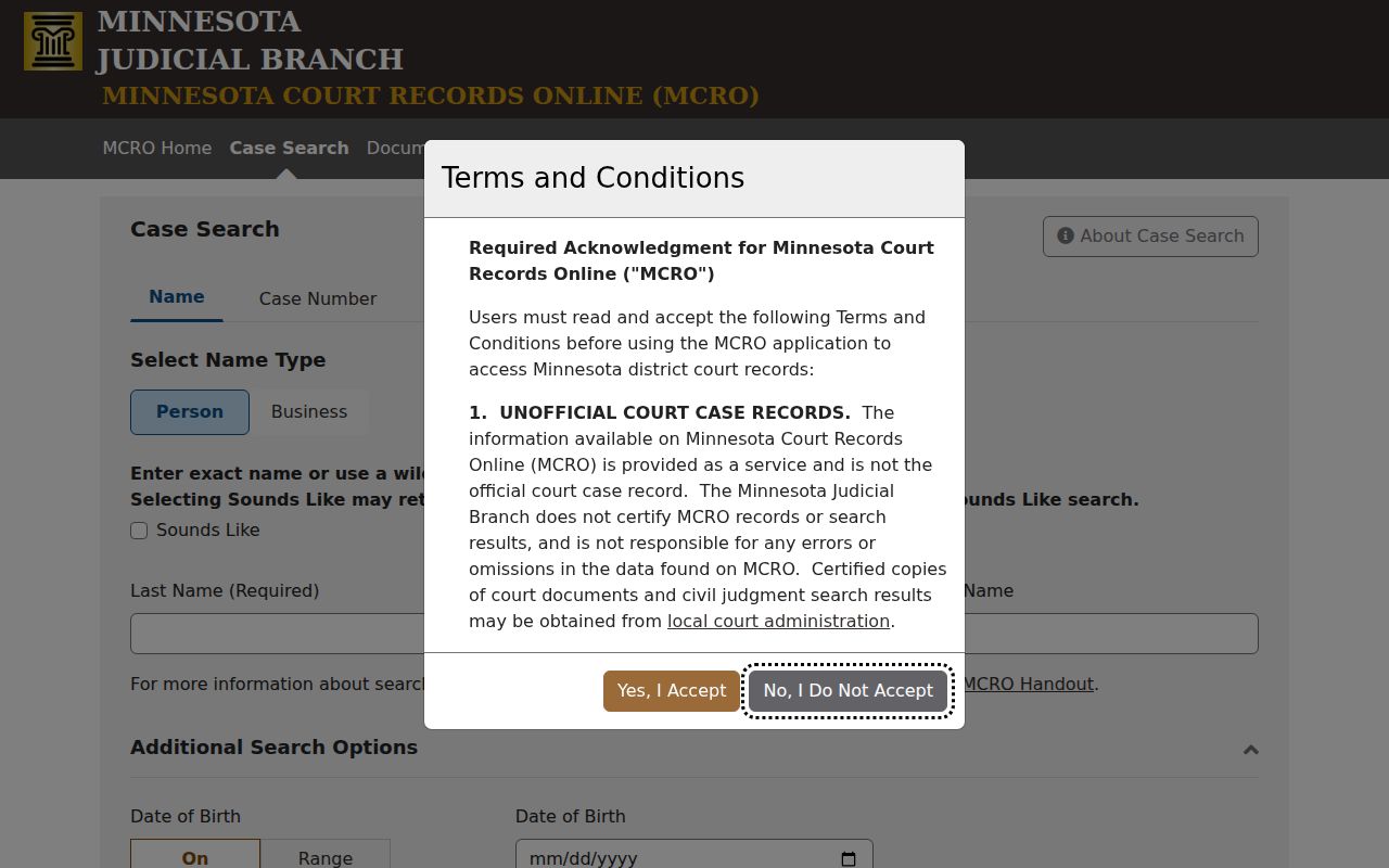 Minnesota Court Records Online case search form showing name, case number, citation number, and attorney tabs