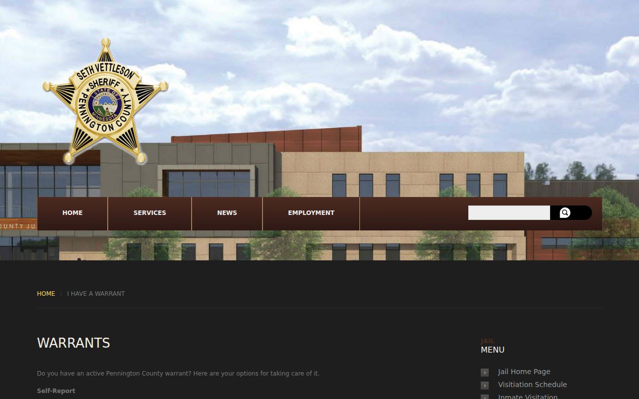 Pennington County Sheriff I Have a Warrant page showing the Court Administration phone number and reporting instructions